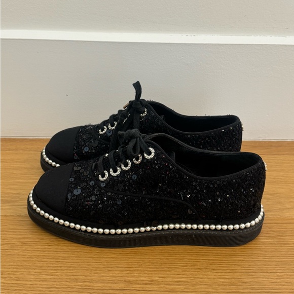 CHANEL Shoes - Chanel Black Sequin Oxford Sneakers with Pearl Detailing